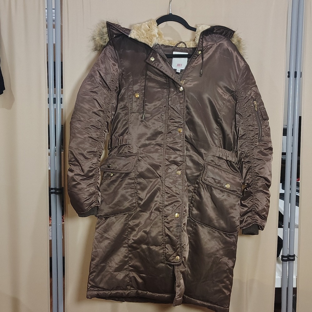 Y2K JLO Puffer Parka Jacket Women M Brown Down Faux Fur Trim Coat Utility Winter
